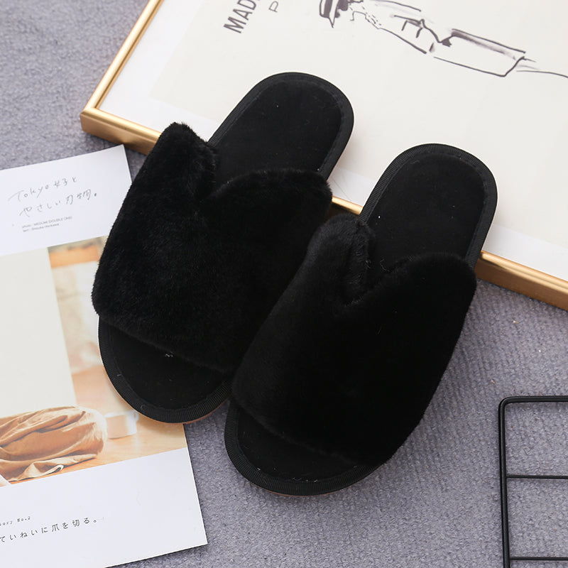 Faux Fur Open Toe Slippers-Jewearrings