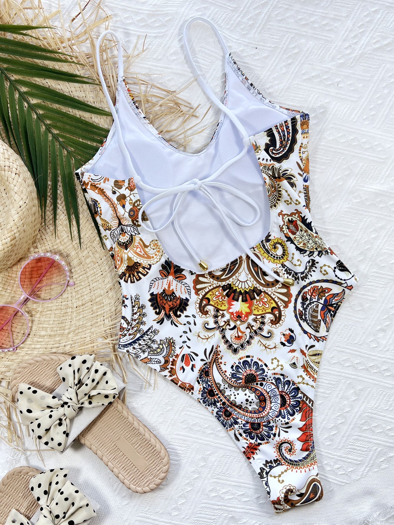 Printed Tie Back Scoop Neck One-Piece Swimsuit-Jewearrings