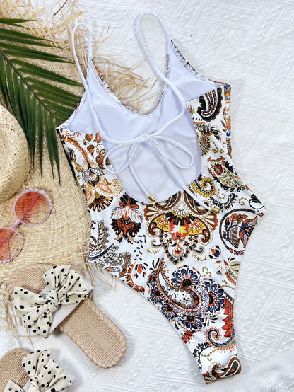 Printed Tie Back Scoop Neck One-Piece Swimsuit-Jewearrings