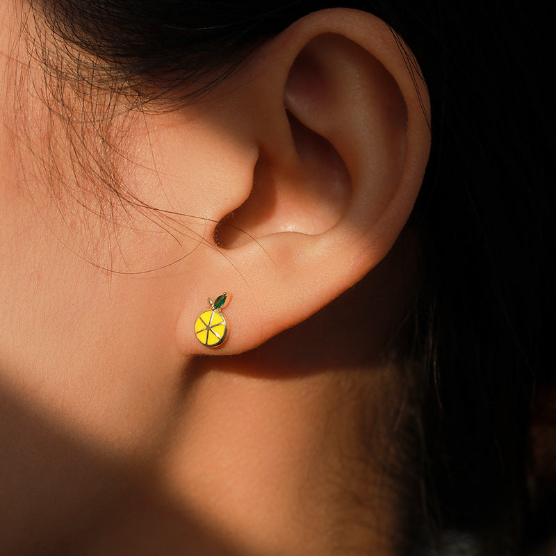 S925 Sterling Silver Cute Lemon Enamel Stud Earrings For Women-Jewearrings