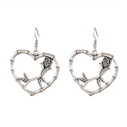 Vintage Antique Silver Dried Rose Flower Branch Heart Pendant Earrings For Women-Jewearrings