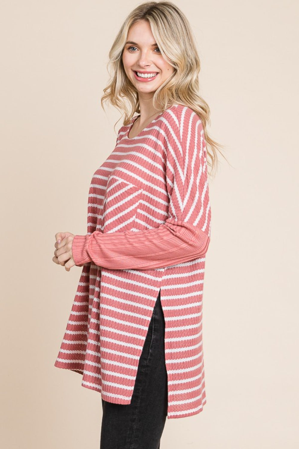 Culture Code Oversize Striped Round Neck Long Sleeve Slit T-Shirt-Jewearrings