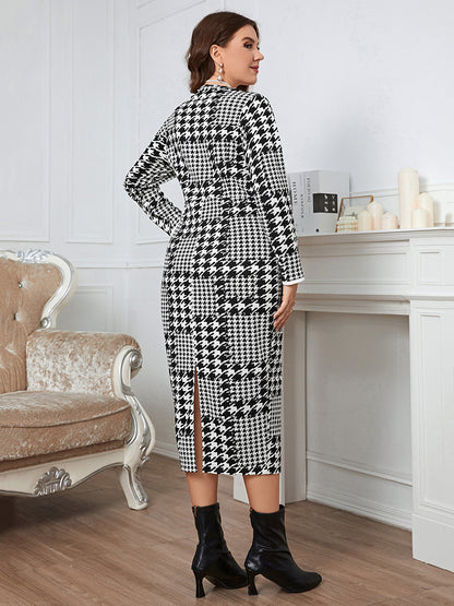 Plus Size Houndstooth Button-Down Long Sleeve Dress-Jewearrings