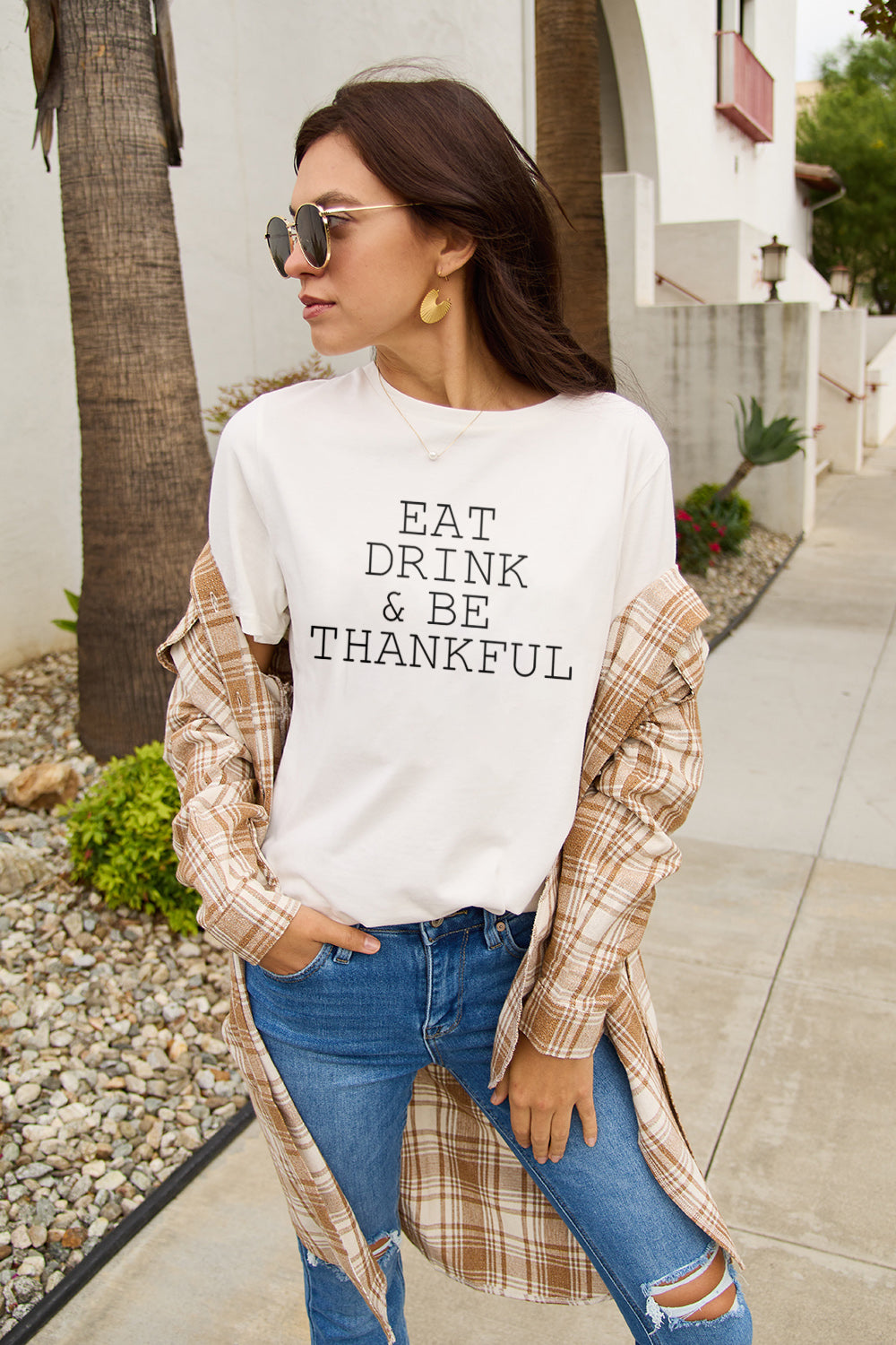 Simply Love Full Size EAT DRINK & BE THANKFUL Round Neck T-Shirt-Jewearrings