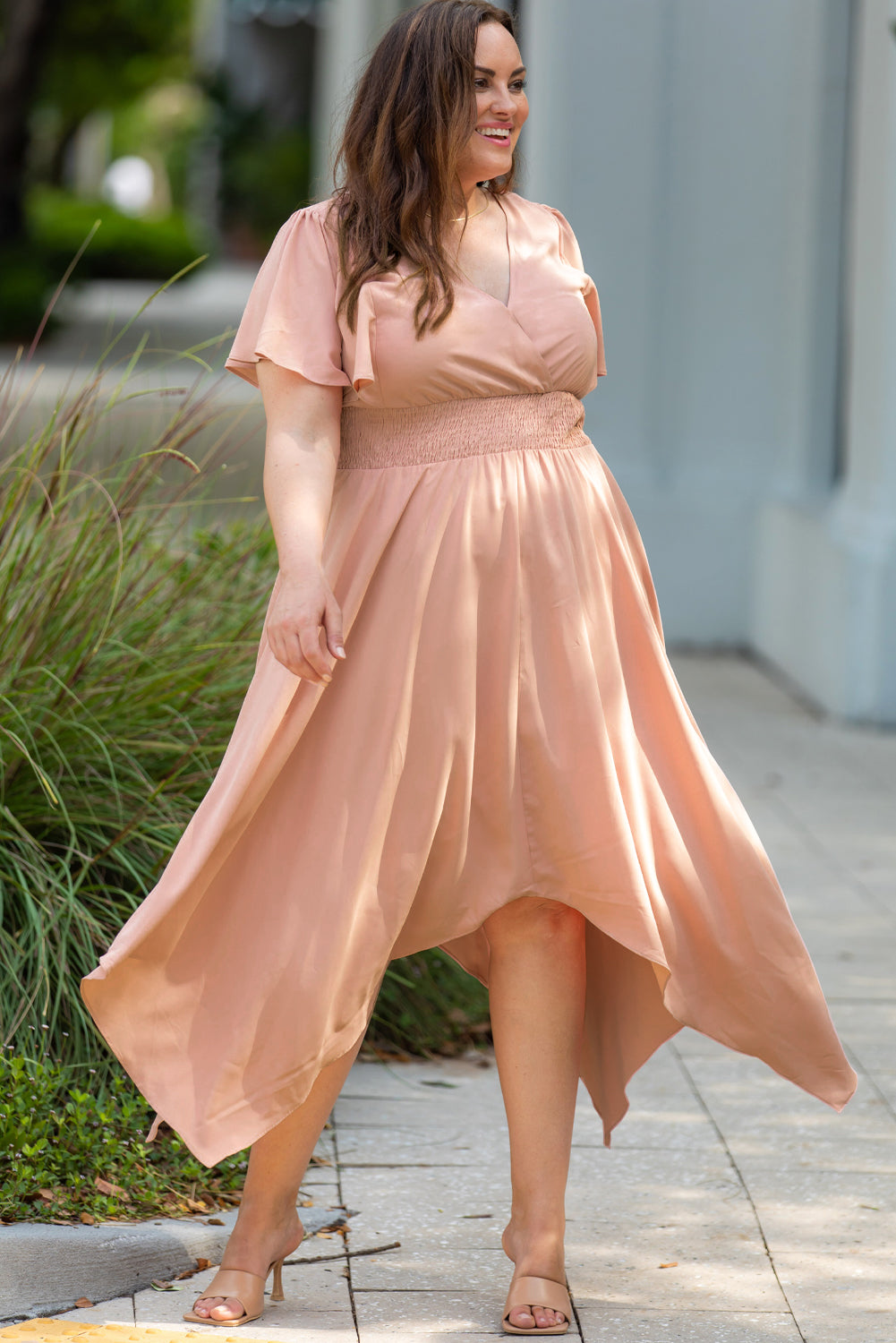 Plus Size Wide Waistband Surplice Neck Flutter Sleeve Midi Dress-Jewearrings