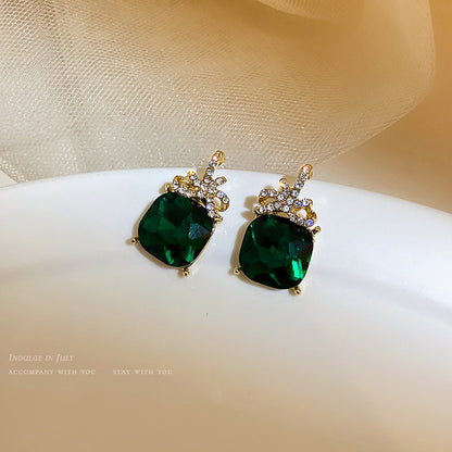 Silver Needle Zircon Emerald Crystal Geometric Earrings Necklace Set-Jewearrings