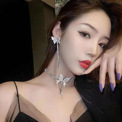 Rhinestone Bow Necklace Female Tassel Earrings-Jewearrings