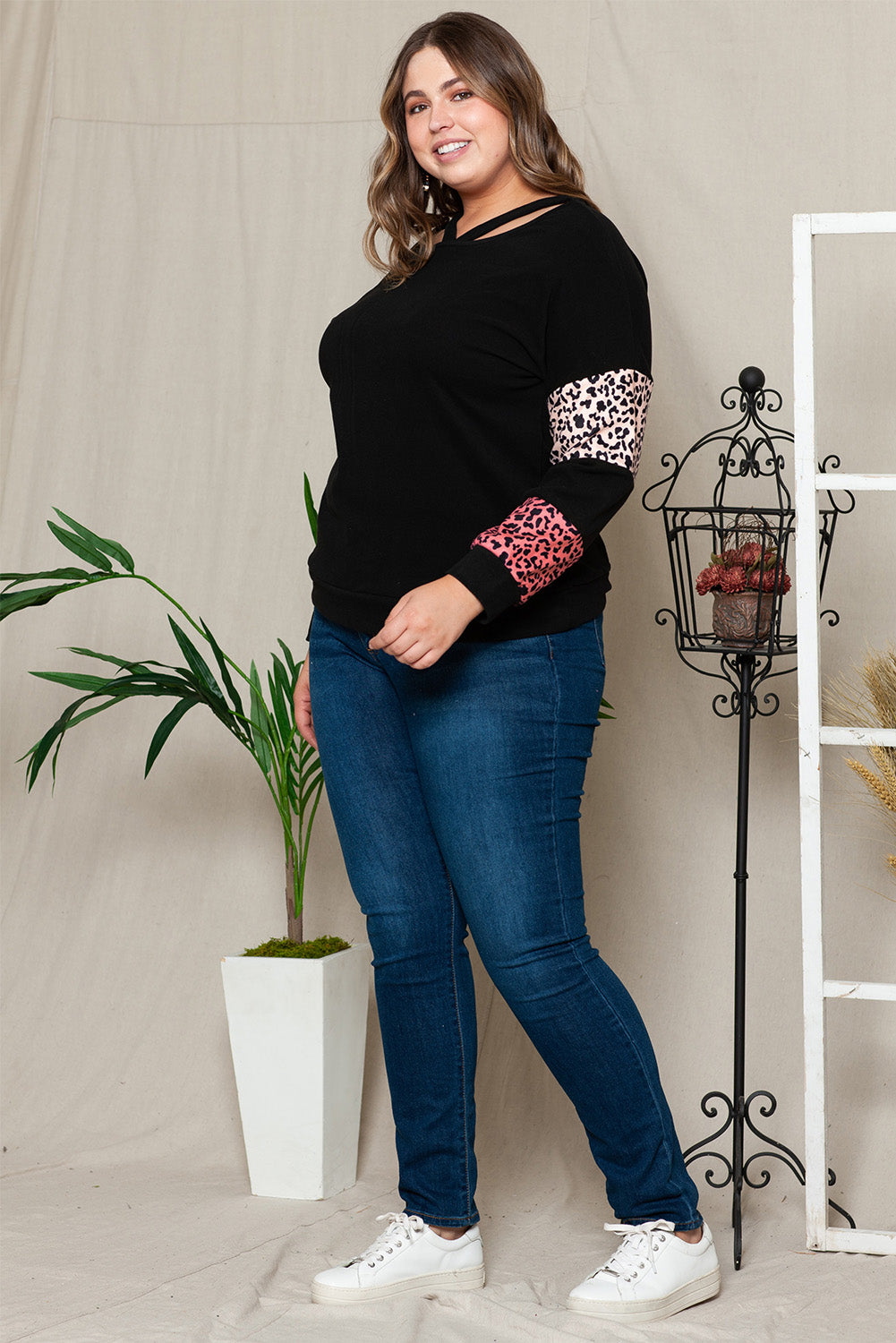 Plus Size Leopard Dropped Shoulder Long Sleeve T-Shirt-Jewearrings