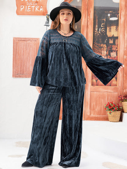 Plus Size Round Neck Flare Sleeve Top and Pants Set-Jewearrings