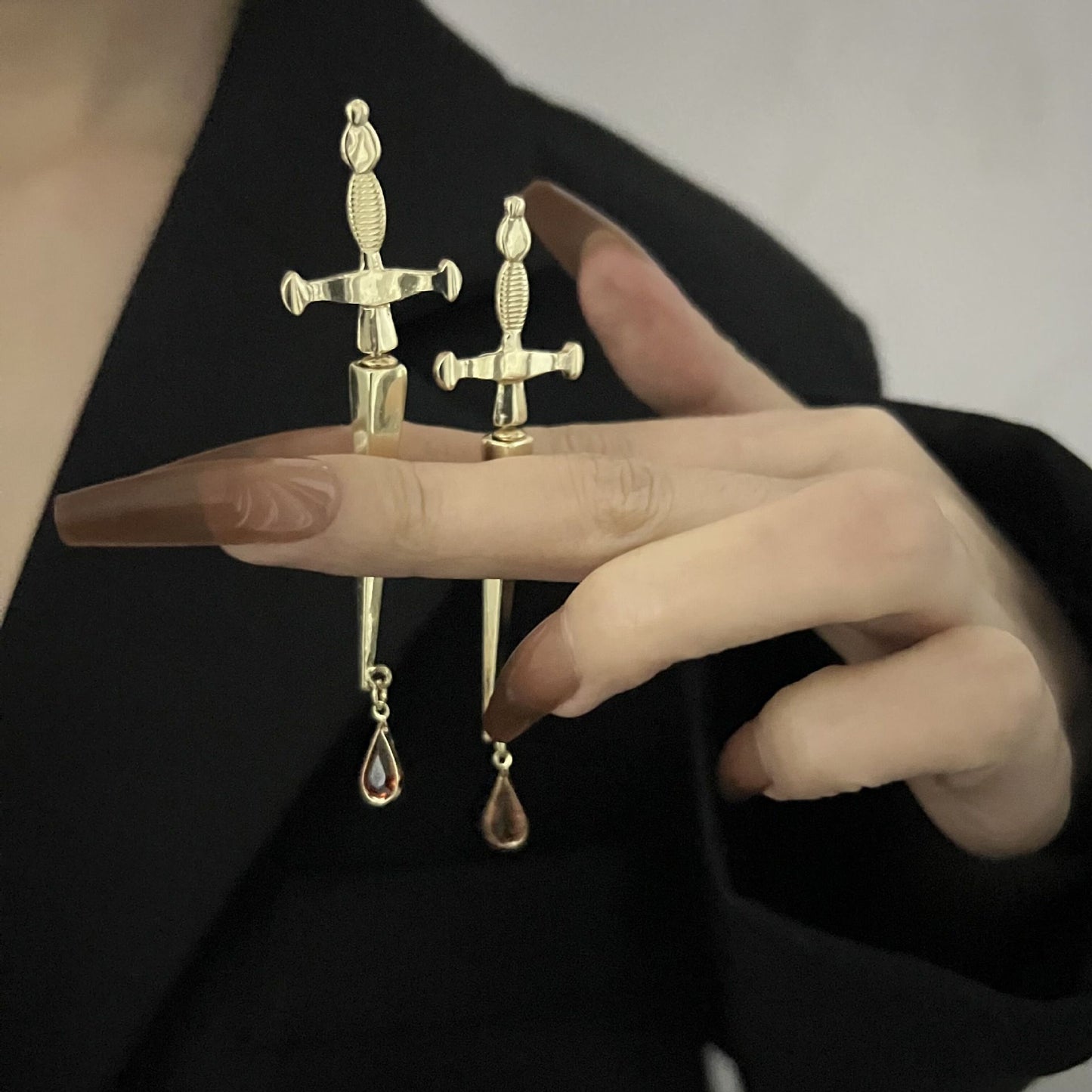 Nail Small Punk Personality Cross Ruby Personality Long Earrings-Jewearrings