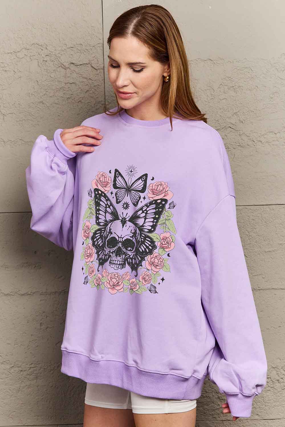 Simply Love Simply Love Full Size Skull Butterfly Graphic Sweatshirt-Jewearrings