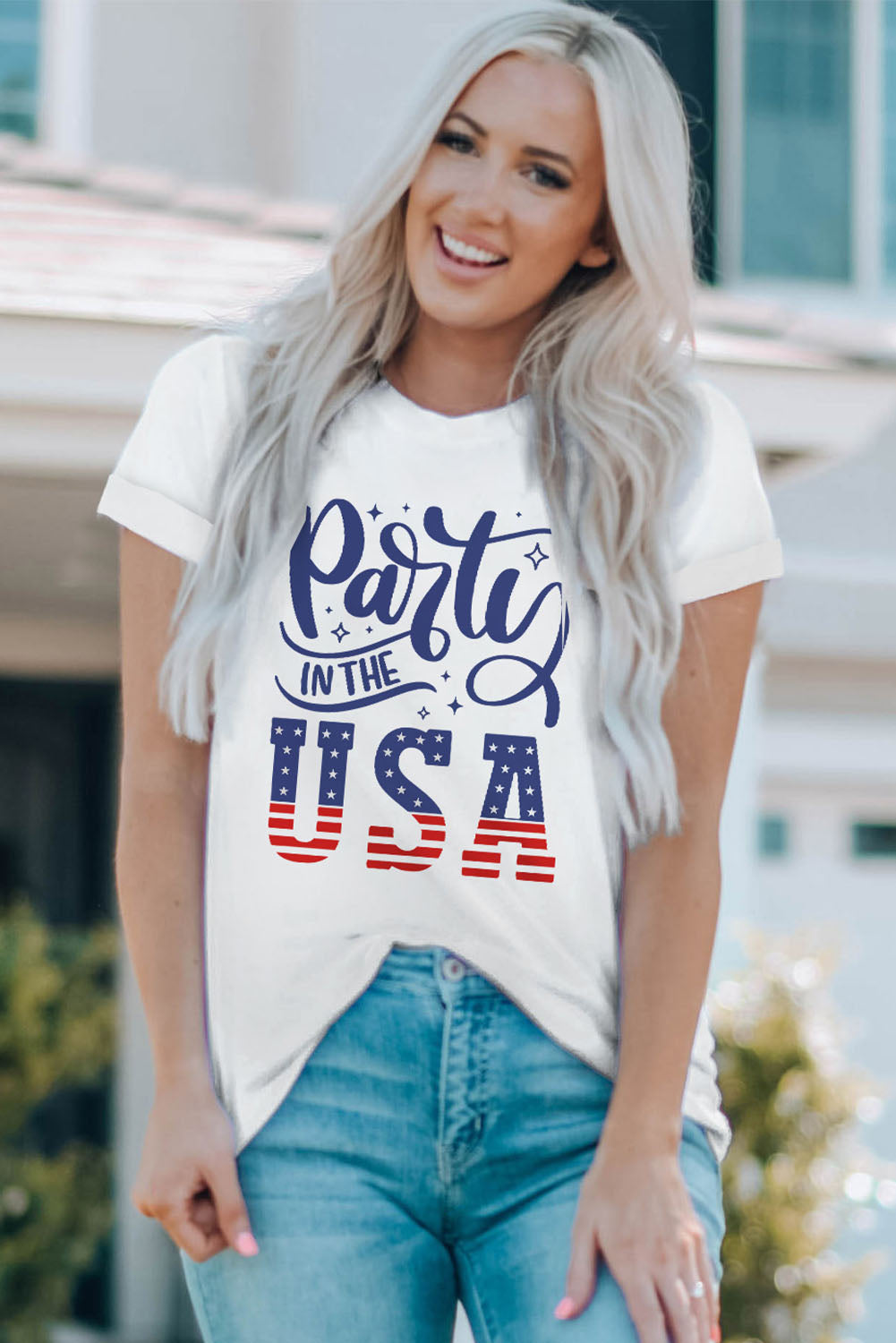 PARTY IN THE USA Round Neck Cuffed Tee-Jewearrings