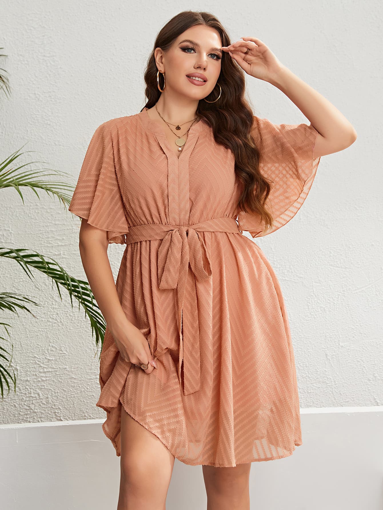 Plus Size Tie Waist Notched Neck Flutter Sleeve Dress-Jewearrings