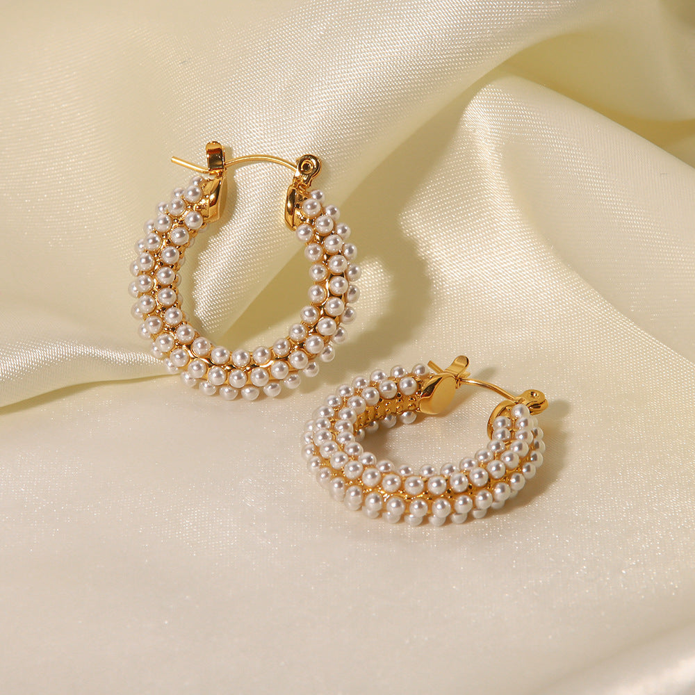 Stainless Steel Plated 18K Ring Set With Zircon Pearl Earrings For Women-Jewearrings