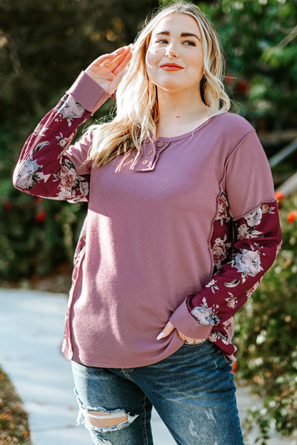 Plus Size Floral Exposed Seam Quarter-Button Henley Top-Jewearrings