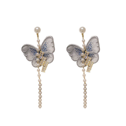 Silver Needle Natural Butterfly Tassel Stud Earrings Japanese-Jewearrings