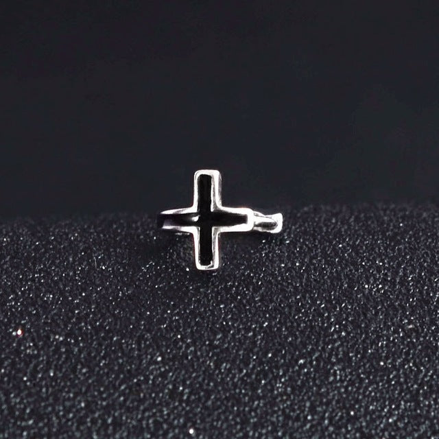 Men's Silver Black Cross Earrings-Jewearrings