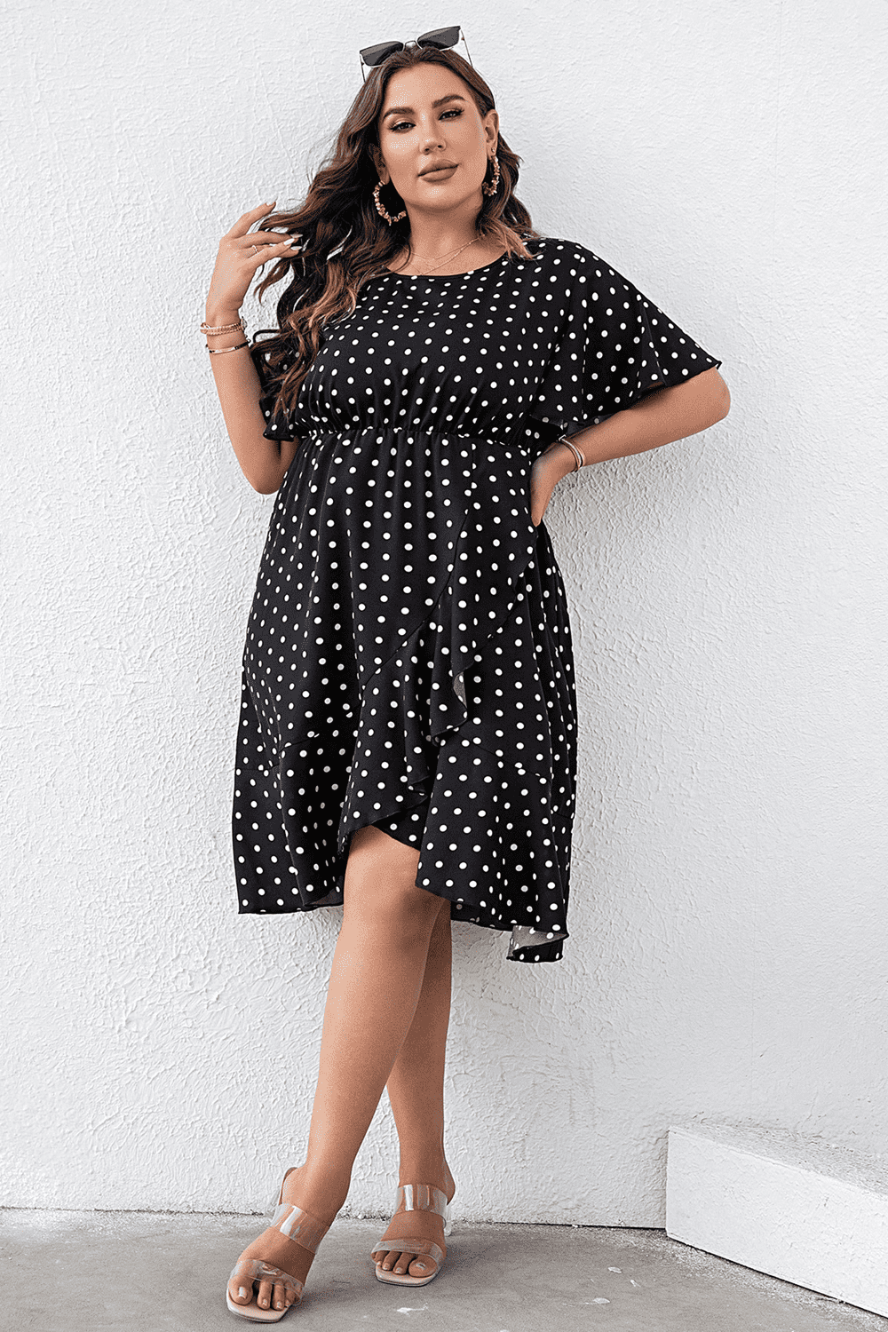 Plus Size Polka Dot Flutter Sleeve Dress-Jewearrings