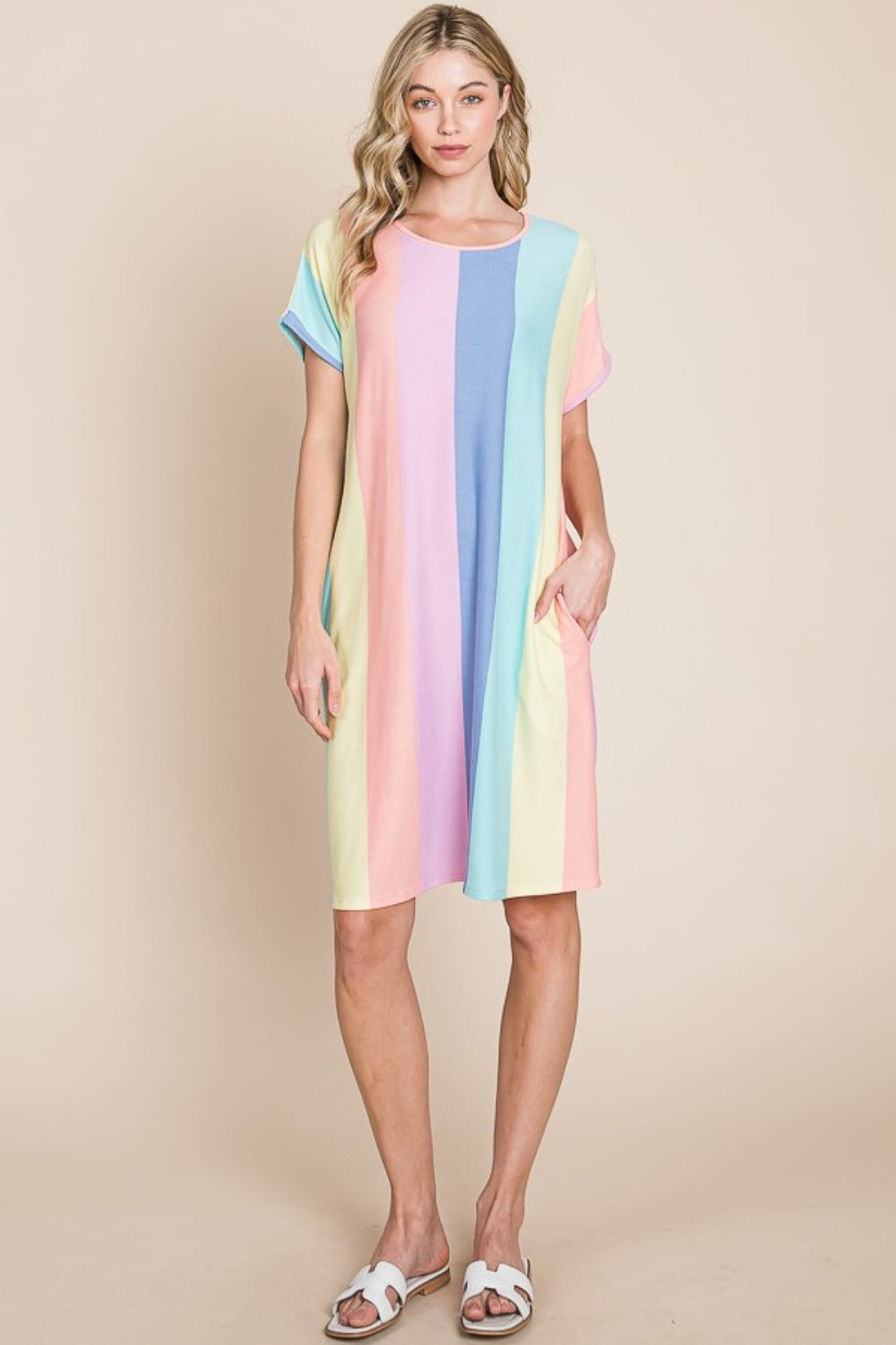 BOMBOM Striped Short Sleeve Dress with Pockets-Jewearrings