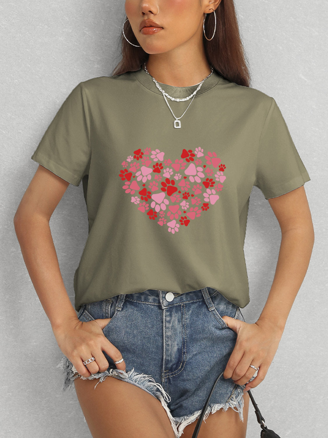 Heart Round Neck Short Sleeve T-Shirt-Jewearrings