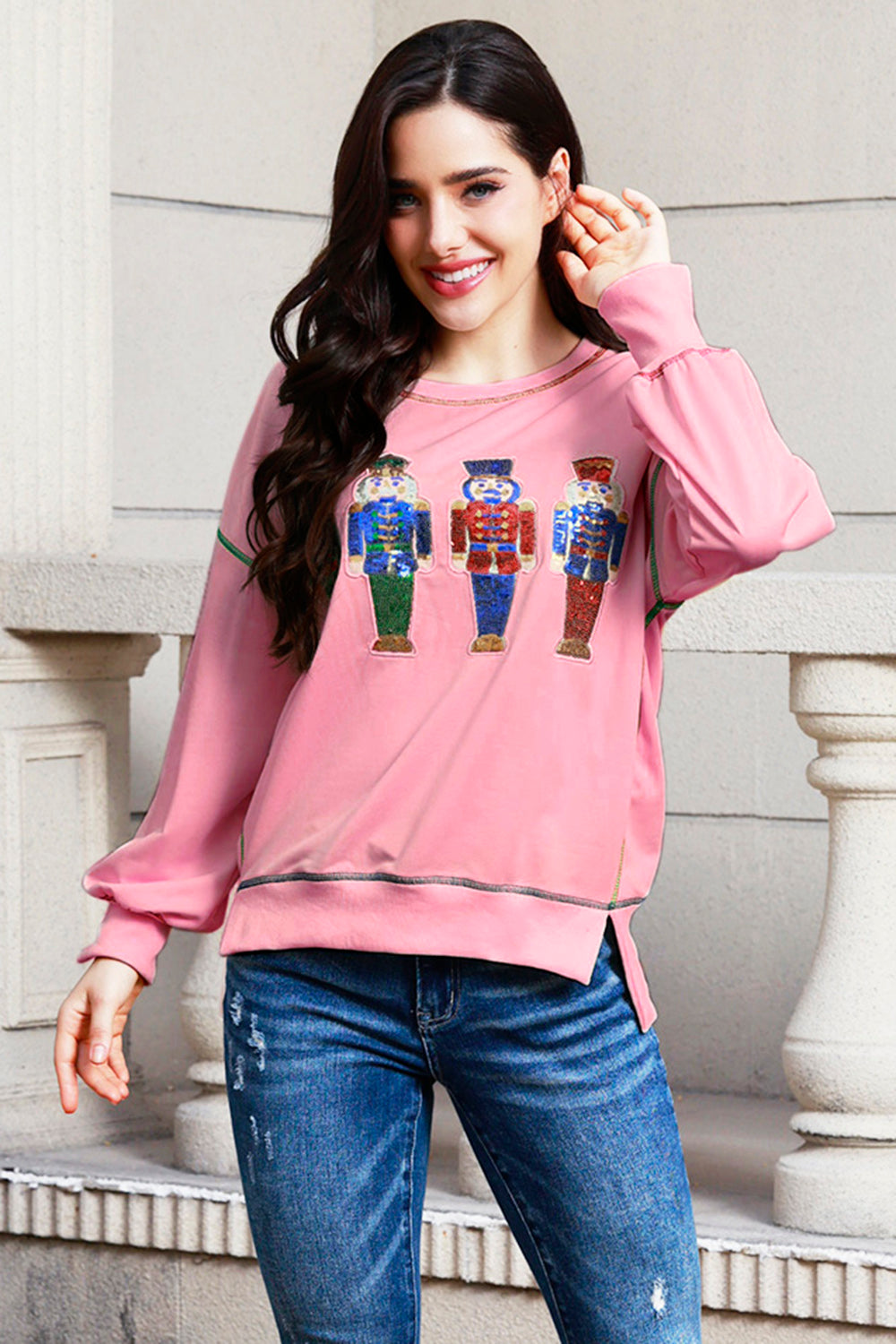 Sequin Nutcracker Round Neck Slit Sweatshirt-Jewearrings