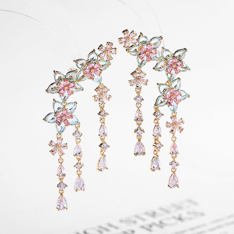 Fashion Flower Tassel Pendant Earrings For Women Wedding Crystal Dangle Earings Luxury Jewelry-Jewearrings