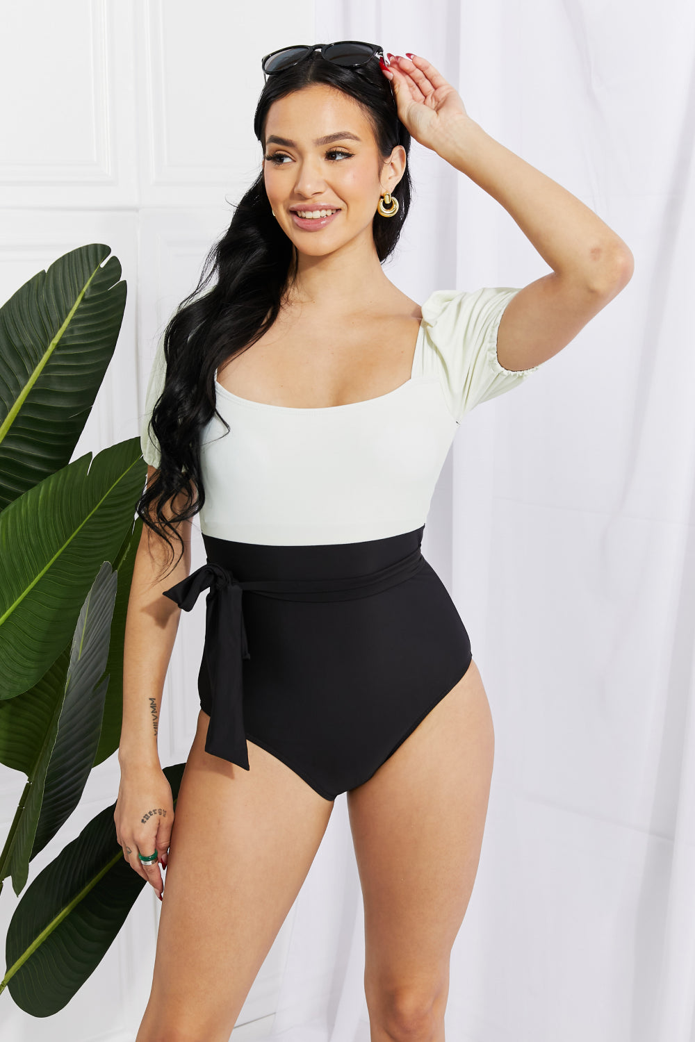 Marina West Swim Salty Air Puff Sleeve One-Piece in Cream/Black-Jewearrings