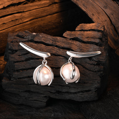 Women's Fashion Temperament Sterling Silver Pearl Leaf Earrings-Jewearrings