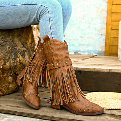 Studded Fringe Block Heel Boots-Jewearrings