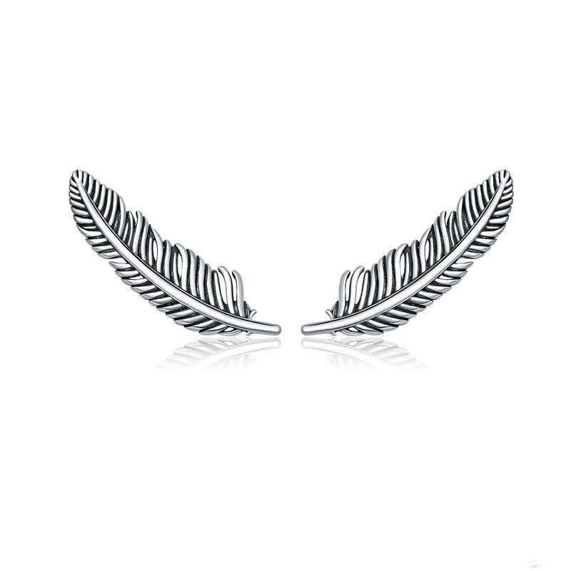 Women's Fashion Retro Sterling Silver Stud Earrings Feathers-Jewearrings