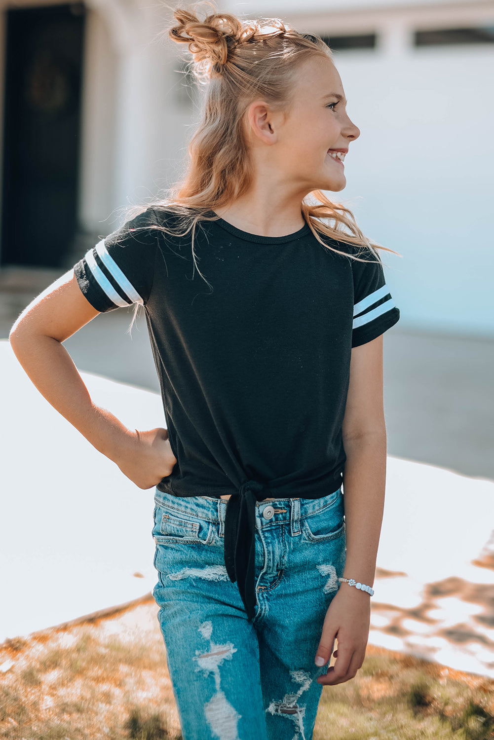 Girls Striped Tie Front T-Shirt-Jewearrings