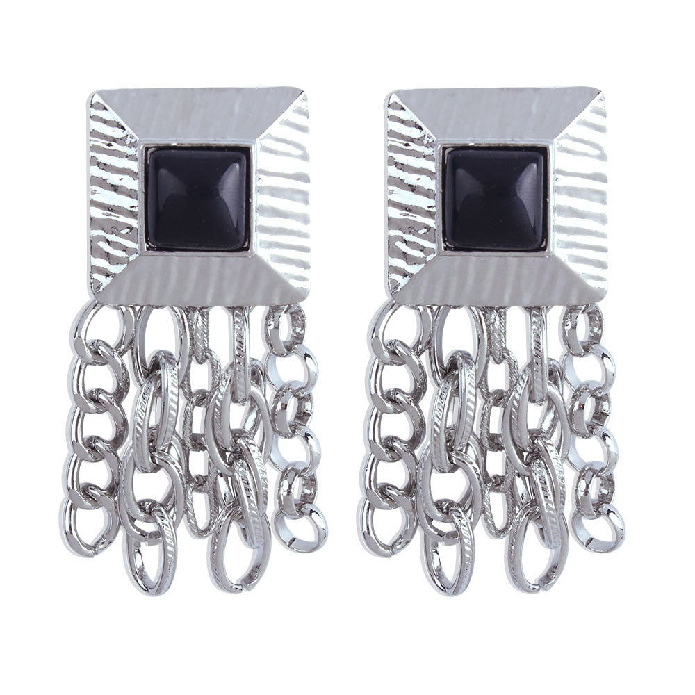 Chain Tassel French Geometric Square Retro Metal Stud Earrings-Jewearrings