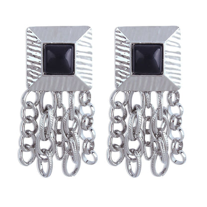 Chain Tassel French Geometric Square Retro Metal Stud Earrings-Jewearrings