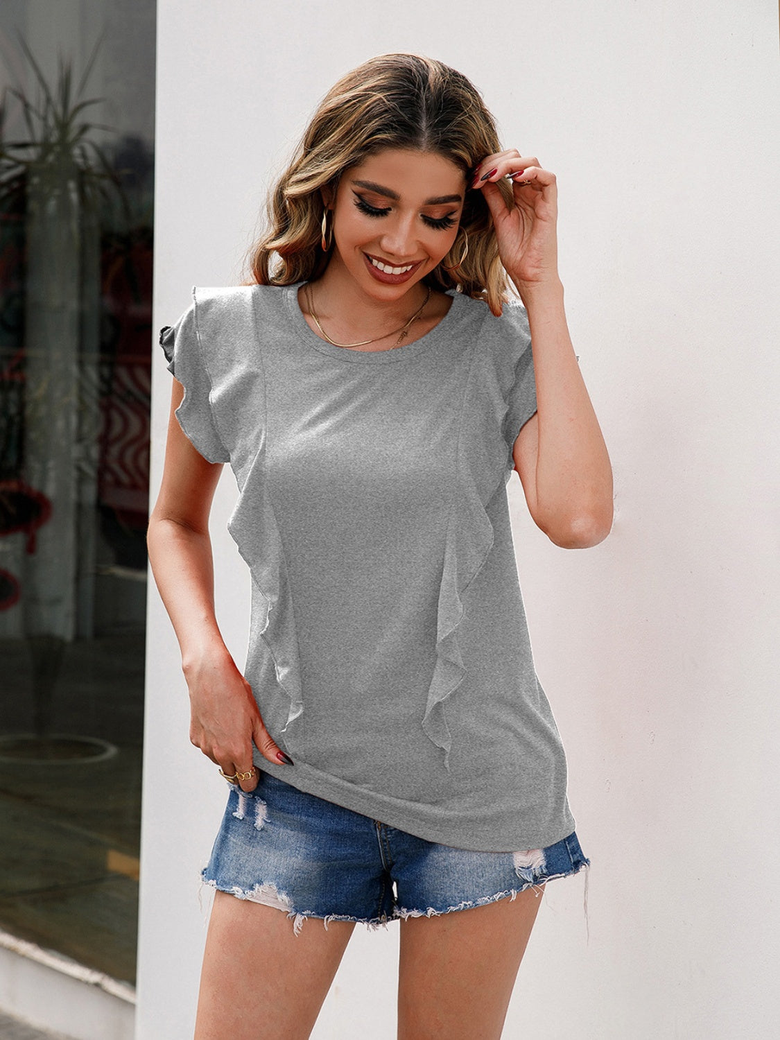 Ruffled Round Neck Cap Sleeve T-Shirt-Jewearrings