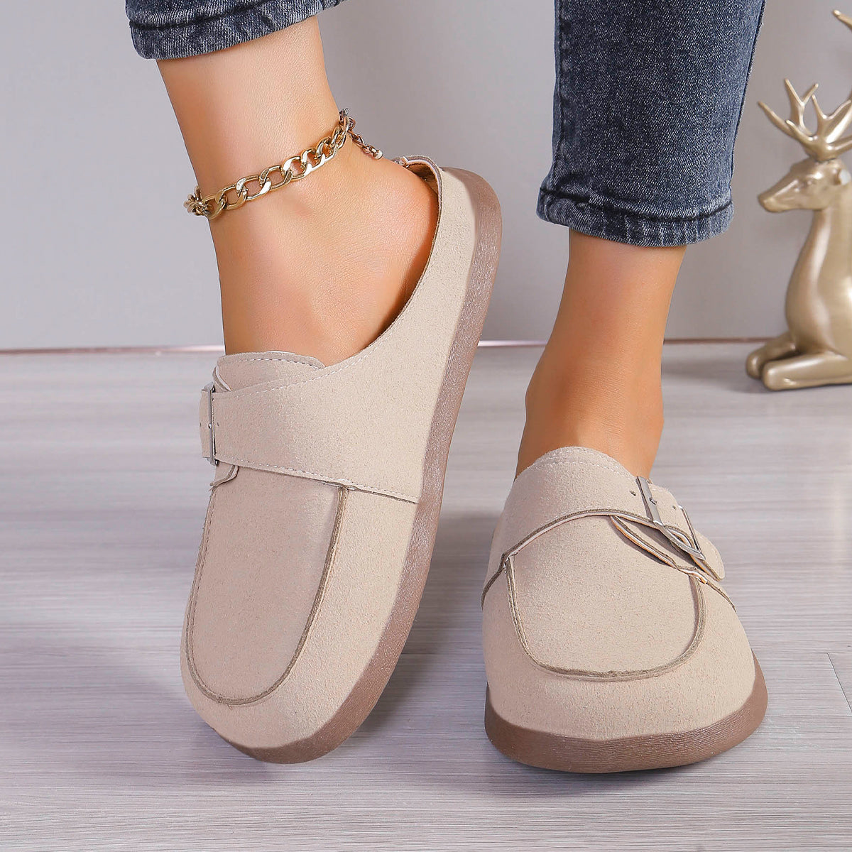 Suede Buckle Round Toe Loafers-Jewearrings