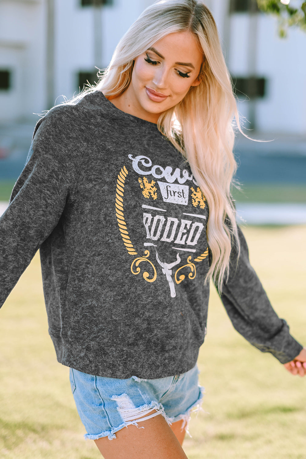 Mineral Washed COW'S FIRST RODEO Round Neck Raglan Sleeve Sweatshirt-Jewearrings