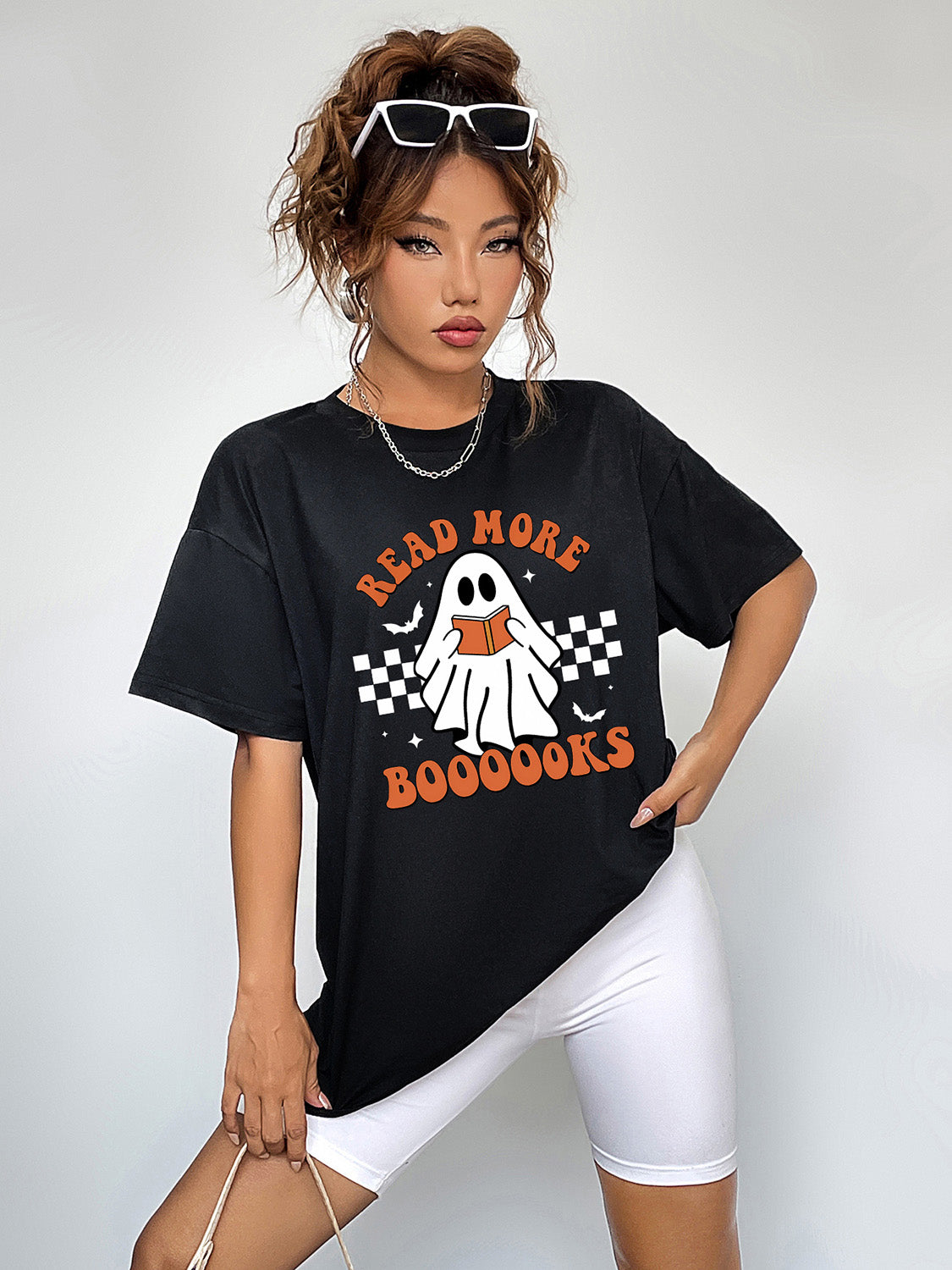 Round Neck Short Sleeve Ghost Graphic T-Shirt-Jewearrings