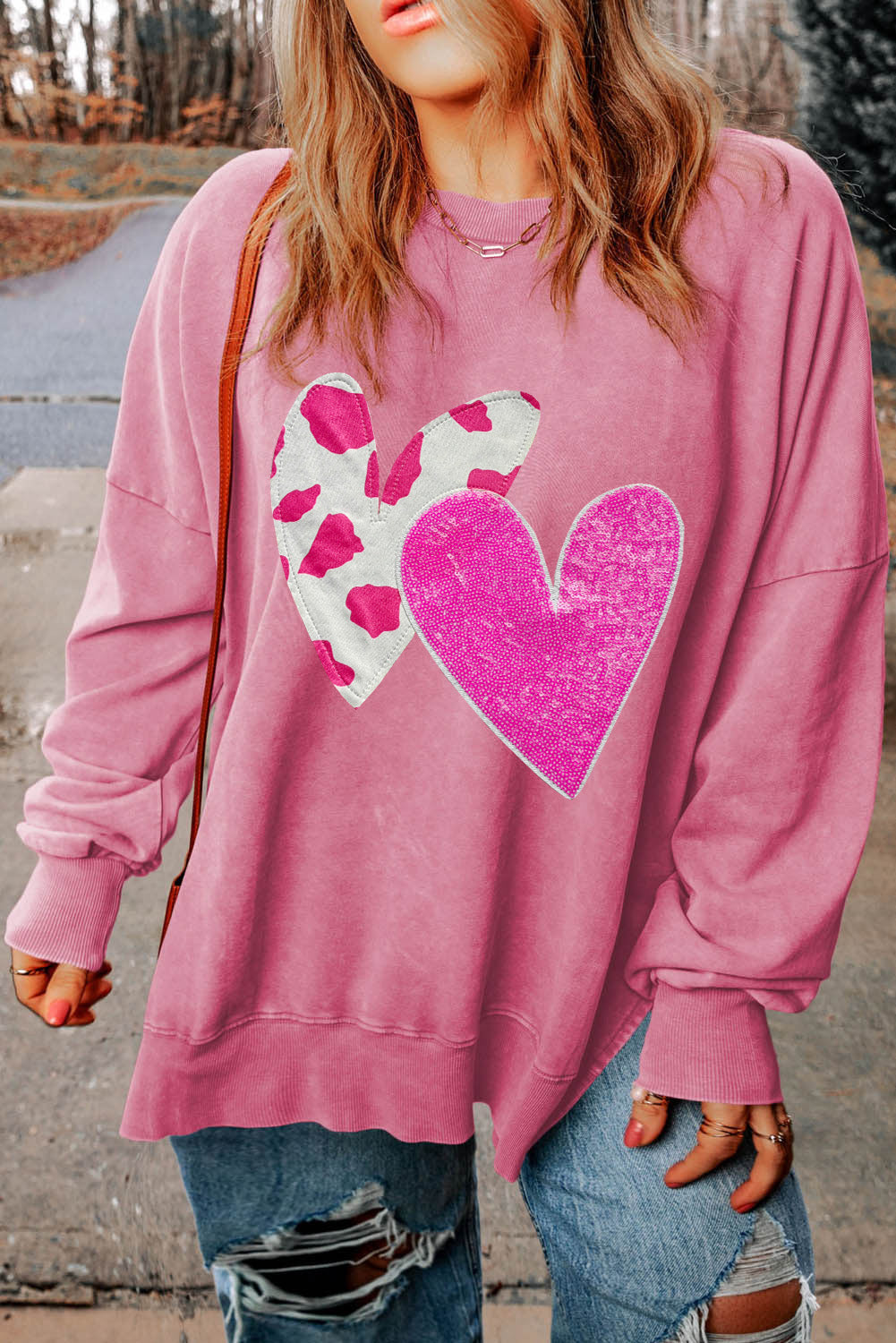 Plus Size Heart Sequin Round Neck Sweatshirt-Jewearrings