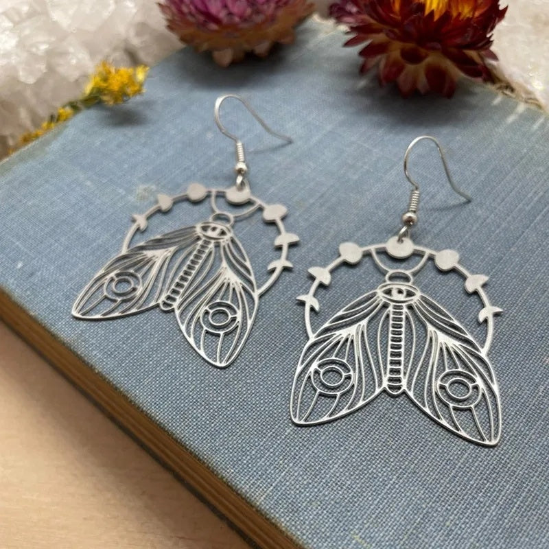 Hollow Cicada Drop Earrings Moon Phase Moth Dangle Stainless Steel Earrings For Women-Jewearrings