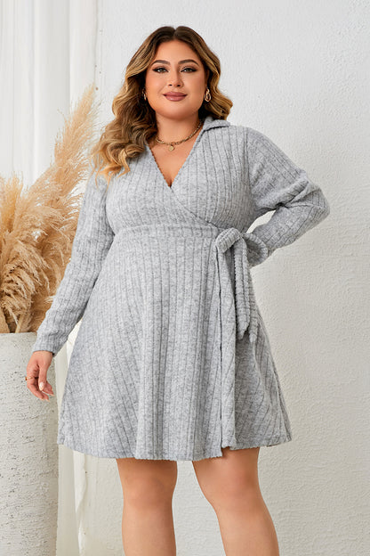 Plus Size Collared Neck Long Sleeve Tied Dress-Jewearrings