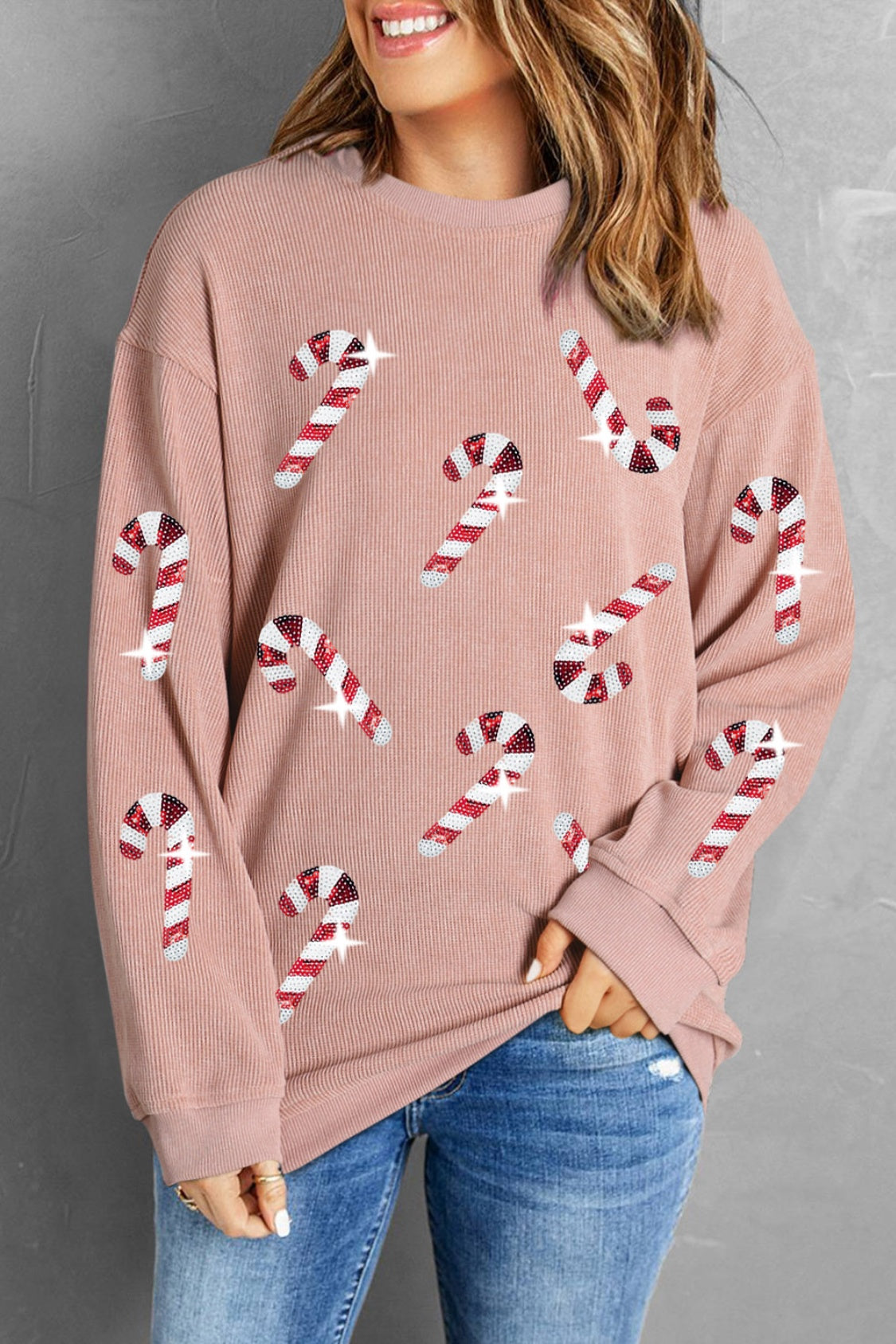 Sequin Candy Cane Round Neck Sweatshirt-Jewearrings