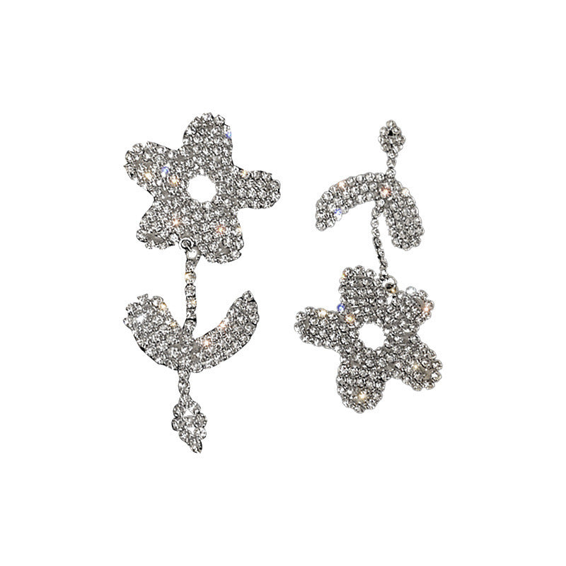 Silver Needle Micro Inlaid Zircon Flower Asymmetrical Earrings-Jewearrings