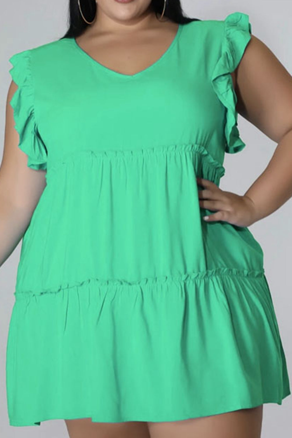 Plus Size V-Neck Frill Trim Mini Dress-Jewearrings