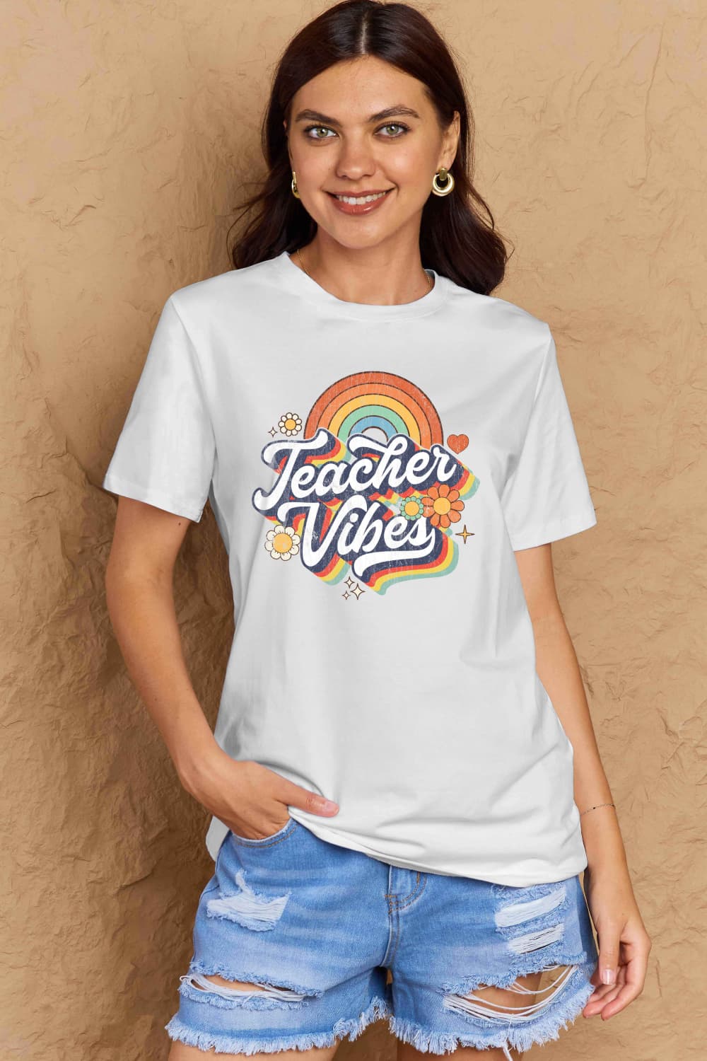 Simply Love Full Size TEACHER VIBES Graphic Cotton T-Shirt-Jewearrings