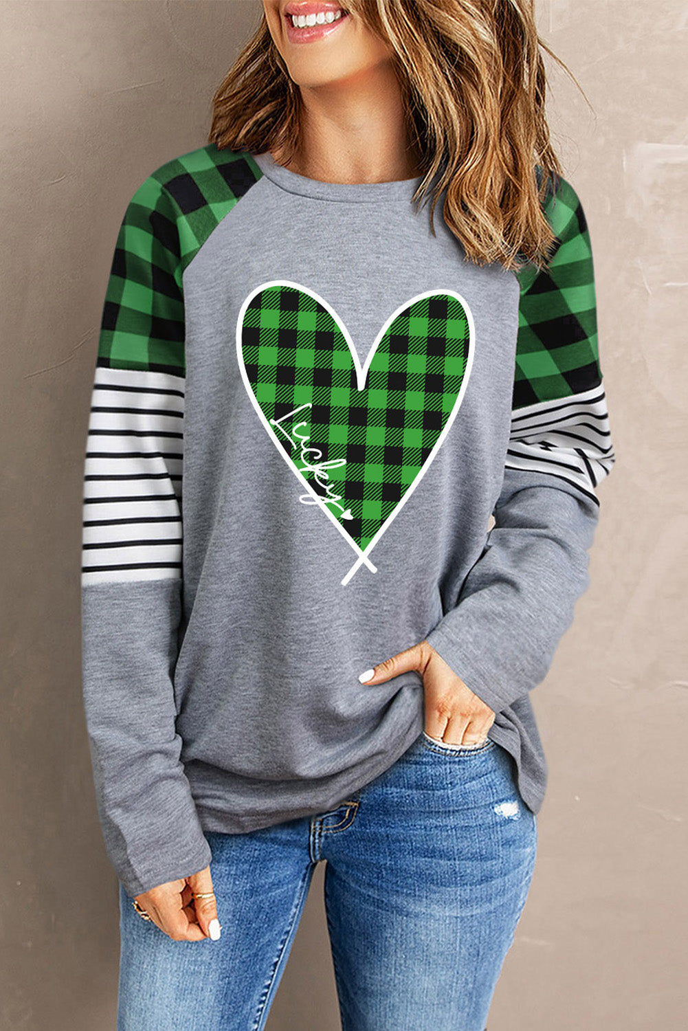 Plaid Heart Raglan Sleeve Sweatshirt-Jewearrings