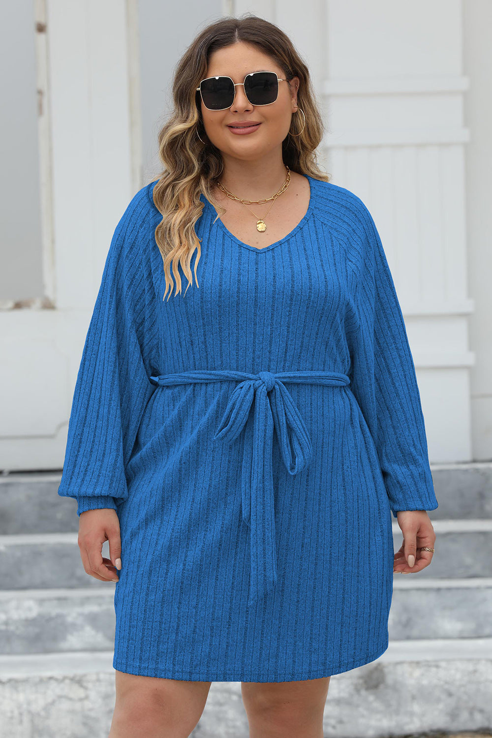 Plus Size Ribbed Tie Front Long Sleeve Sweater Dress-Jewearrings