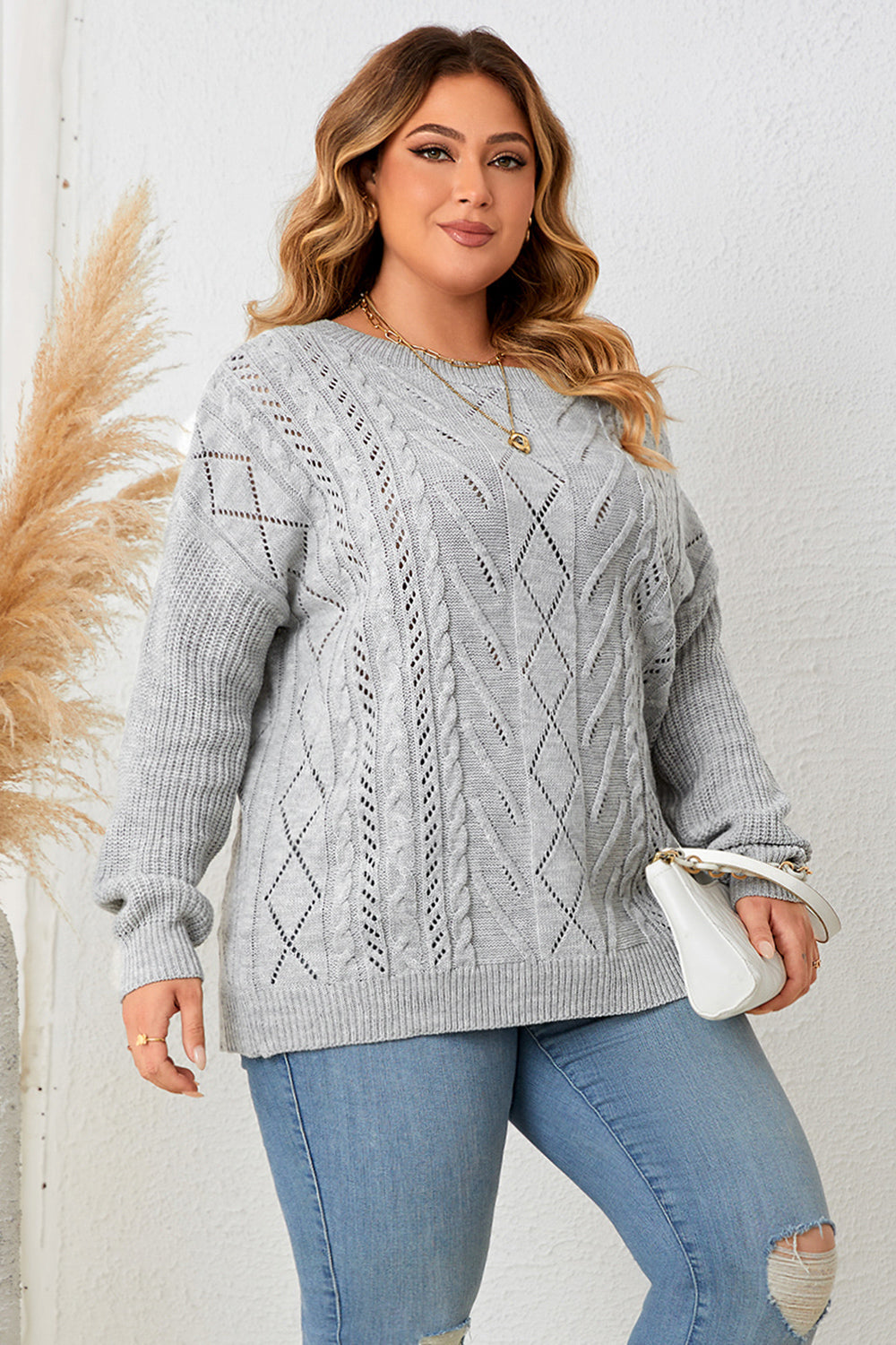 Plus Size Cold Shoulder Asymmetrical Cable-Knit Top-Jewearrings