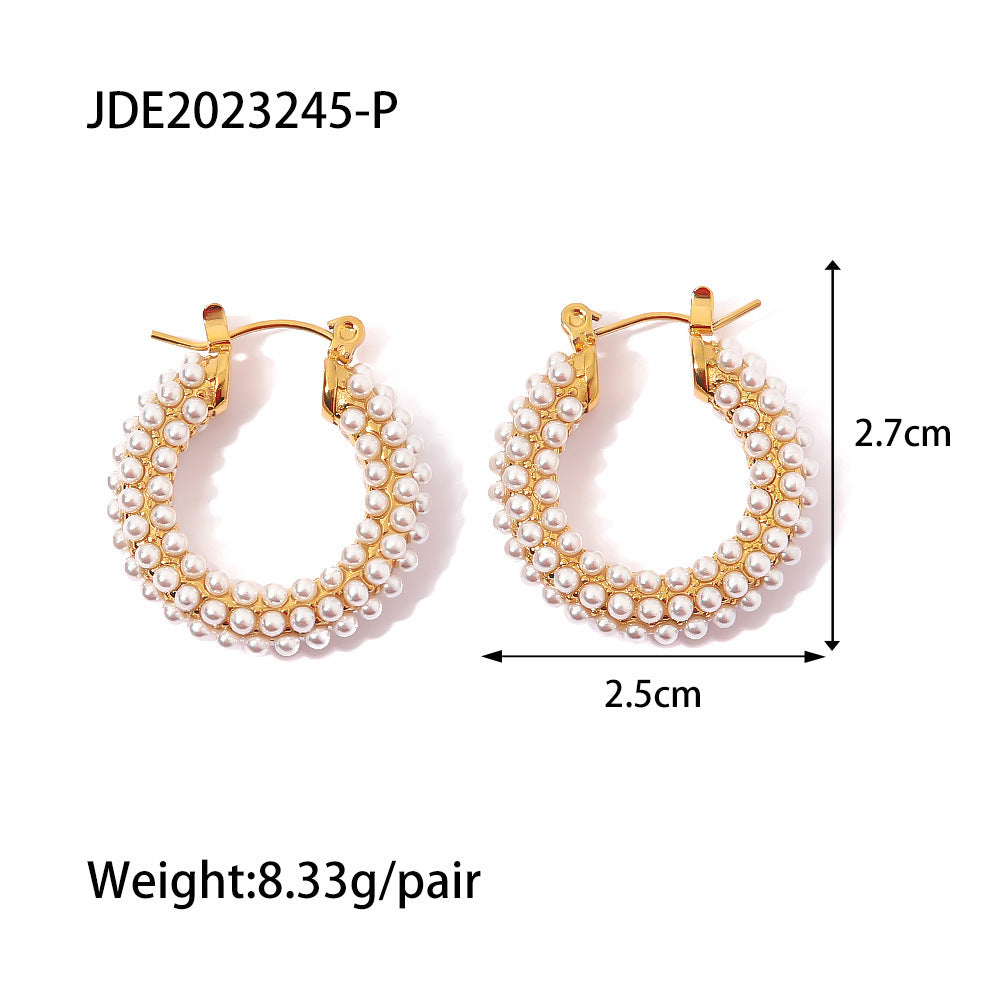 Stainless Steel Plated 18K Ring Set With Zircon Pearl Earrings For Women-Jewearrings