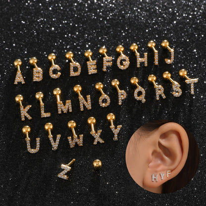 Inlaid Zircon 26 English Letters Ear Bone Stud Retro Personality Alloy Letter Thread Stud Earrings Ear Piercing-Jewearrings