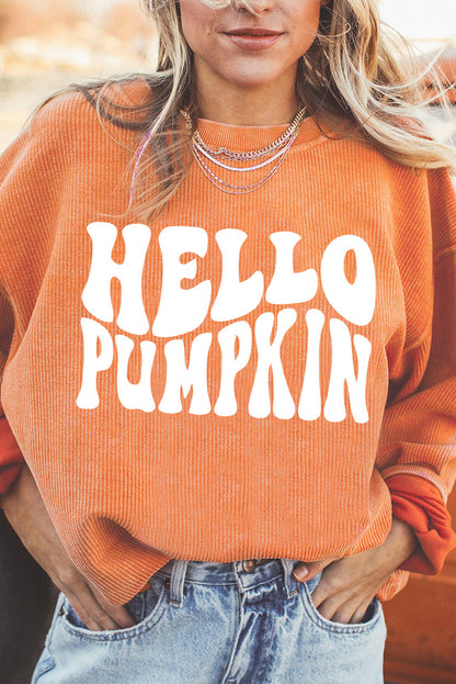 Round Neck Dropped Shoulder HELLO PUMPKIN Graphic Sweatshirt-Jewearrings